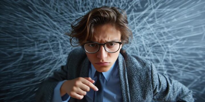 Professional analyst pointing finger toward a single clear direction in a modern office
