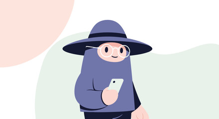 Fototapeta premium Whimsical cartoon character with round glasses and a hat, holding a smartphone