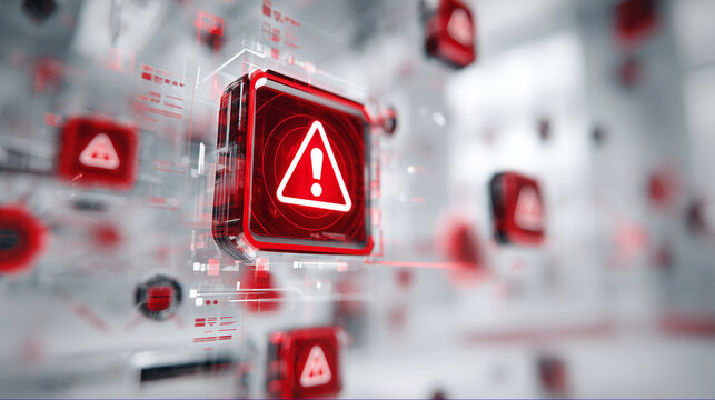 close-up of AI system notification, red warning symbols and alert pop-ups, futuristic network diagrams behind, showing smart automation failure