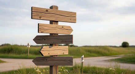 Weathered wooden directional signpost with blank arrows in a field at dusk