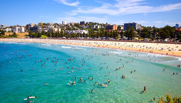 An aerial view showcases a crowded beach scene with numerous people swimming, sunbathing, and enjoying the bright, sunny day with clear blue water