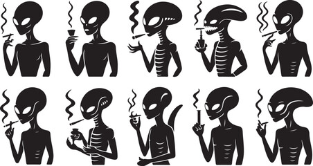 Black and White Alien Figures Smoking and Drinking in Various Styles cigarette