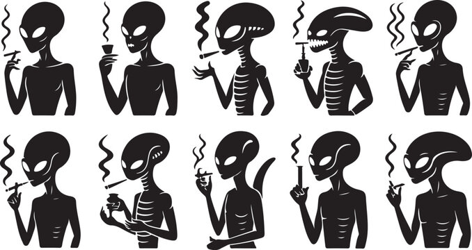 Black and White Alien Figures Smoking and Drinking in Various Styles cigarette