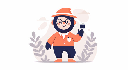 Fototapeta premium Friendly character wearing a hat and glasses, holding a hot drink amidst abstract foliage