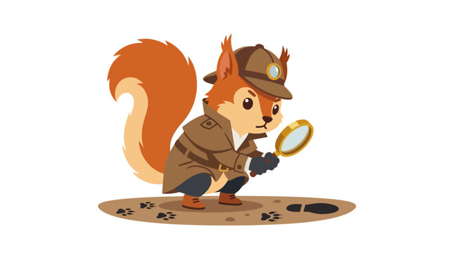 Curious cartoon squirrel dressed as a detective examining footprints with a magnifying glass, a whimsical illustration representing curiosity and investigation
