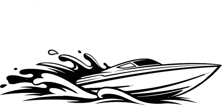 Sleek speedboat cuts through dynamic, stylized water waves in black and white