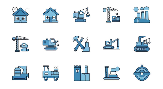 A collection of 15 blue vector icons illustrating houses, construction vehicles, factory buildings, and industrial tools and processes.