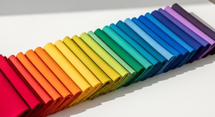 Fototapeta premium Photorealistic composition of folded rainbow-colored fabric swatches, showcasing vibrant textures and colors for fashion, crafting, or textile design on a transparent background.