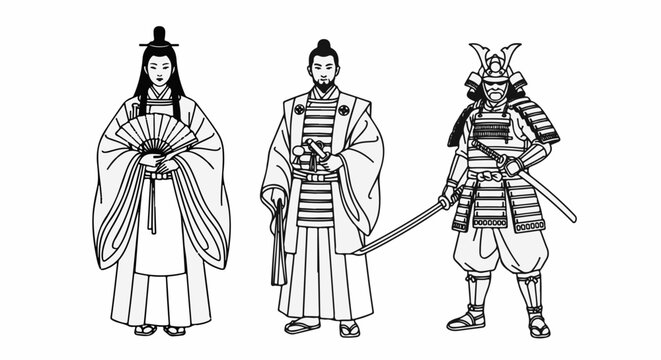 Three figures in traditional Japanese attire, one holding a fan, one with a sword and fan, one in samurai armor