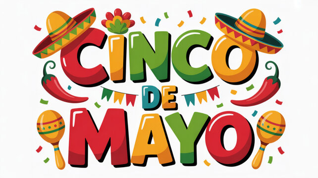 Vibrant cinco de mayo celebration with colorful text sombreros and maracas on white background
