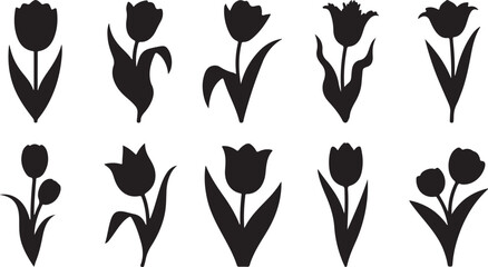 Black Silhouette Tulip Flowers in Various Styles and Arrangements petals