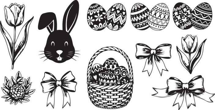 Easter themed illustrations with eggs and bunny decorations