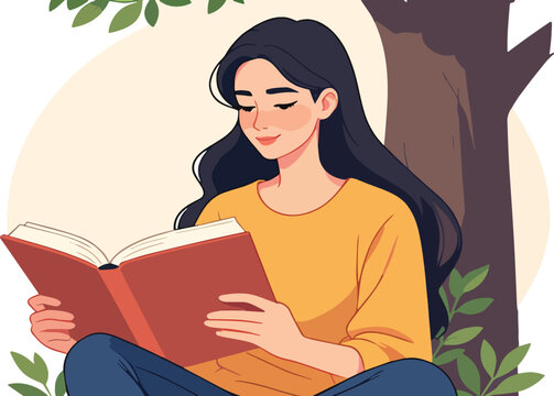 donna che legge un libro romanzo giallo sotto albero in campagna aperta sulla terra erba terreno vettoriale