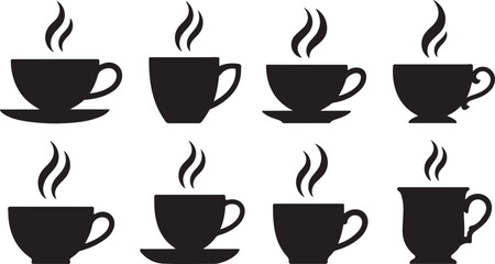 Obraz premium Eight black coffee cups with steam rising from them on white background