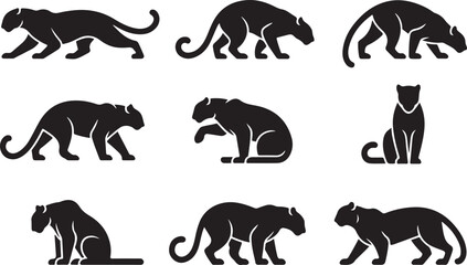 Nine black silhouettes of leopards in various poses on a white background © KDP Coloring Pages