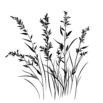 A green vector illustration featuring silhouettes of grass, flowers, and bamboo branches with decorative leaves for a natural spring growth pattern