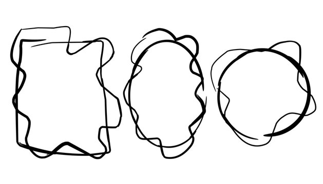 Hand drawn scribbly geometric shapes set. Minimalist doodle frames collection. Abstract messy circle, square and oval outlines. Sketchy ink line art illustration.