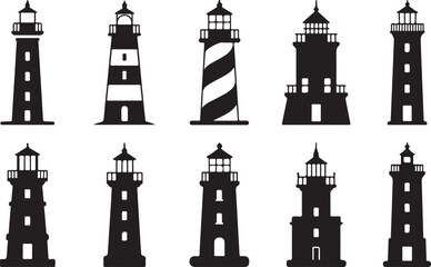 Obraz premium Ten black and white lighthouse with various and patterns tower