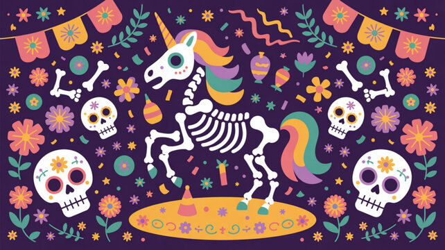 Vibrant day of the dead unicorn skeleton illustration with rainbow mane and skulls on purple background
