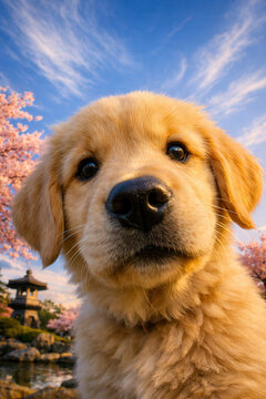 Portrait en contre-plong&eacute;e d'un chiot golden retriever sous les cerisiers.