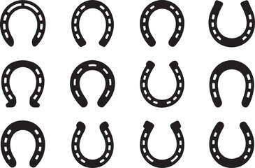 Obraz premium Twelve Different Styles of Black and White Horse Shoes on White Background outline