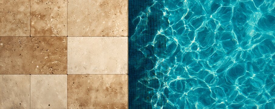 Natural travertine stone tiles border shimmering blue swimming pool water surface texture, concept for summer vacation ads, architectural materials and luxury resort design