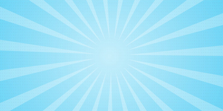Comic background. Pop art texture. Starburst cartoon style. Anime design with explosion effect for print. Fun dot pattern. Blue backdrop with halftone gradient.