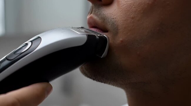 A person is shaving their stubble with an electric shaver in detail