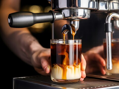 Closeup of coffee being poured into a glass cup with milk