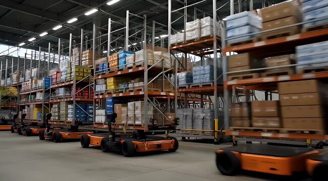 Automated warehouse distribution system showing rows of shelves and moving robots