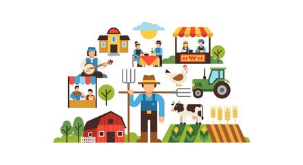Naklejka premium Agriculture and Rural Life Ecosystem Illustration: Farmer, Market, Animals, and Farming Equipment in Flat Design