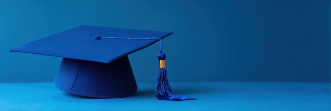 Blue graduation cap with tassel on tonal blue background panoramic banner celebrating academic achievement and ceremony overhead view