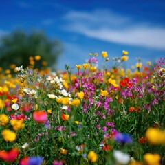 Obraz premium Close up of vibrant mixed wildflowers with sharp foreground and soft blue sky creating a colorful floral tapestry