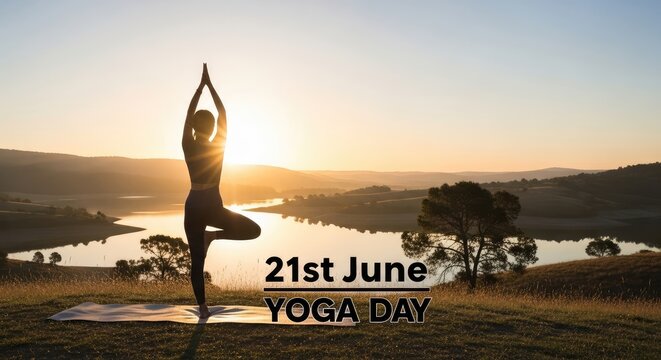 Serene yoga practice at sunset over a peaceful lake on summer solstice