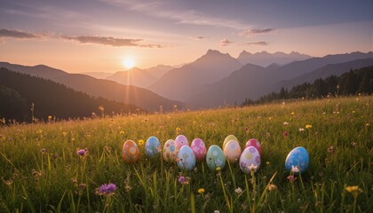 Naklejka premium sunrise over the mountains easter eggs in the meadow 