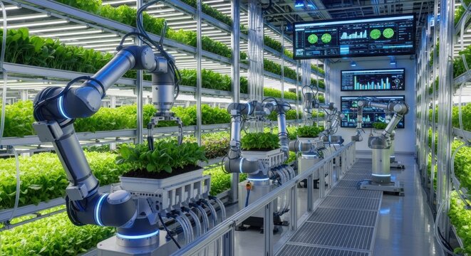 Robotic arms tending plants in futuristic indoor vertical farm setting