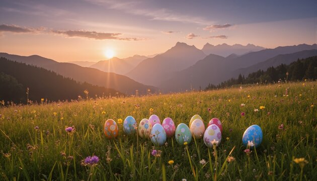 sunrise over the mountains easter eggs in the meadow
