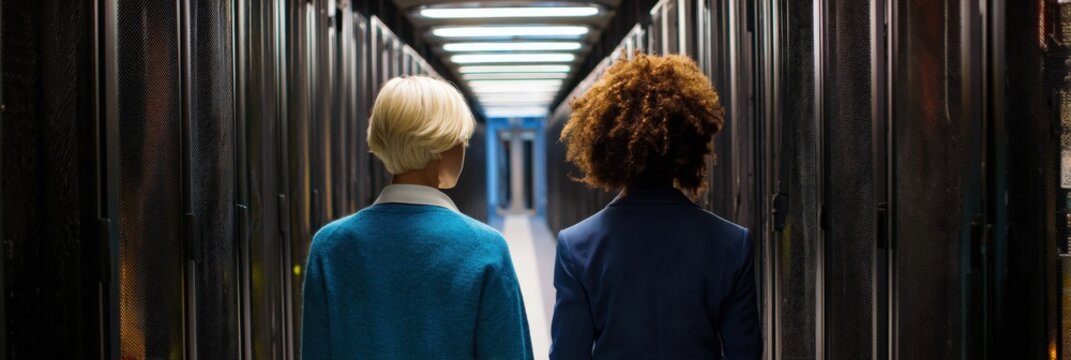 Two women walking in corridor back view one caucasian blonde one african curly professional attire commuting scene