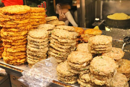 Traditional Korean mung bean pancake, Bindaetteok, served at Gwangjang Market