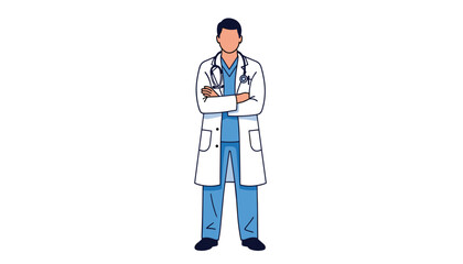 Fototapeta premium Vector illustration of medical professional in white coat with stethoscope standing confidently with arms crossed in cartoon artwork