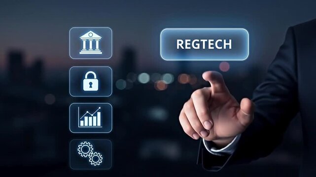 Man's hand pointing at Regtech concept in business.