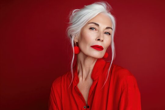 Female caucasian mature portrait elegance whitehair redlips red shirt statement earrings refined beauty studio