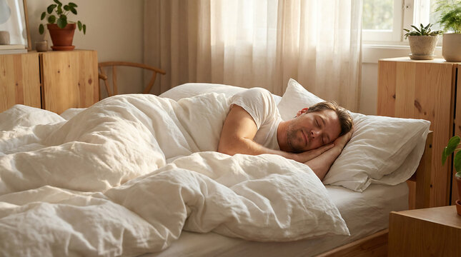 Man sleeping peacefully on a bed surrounded by pillows and bedding in a serene bedroom with natural light
