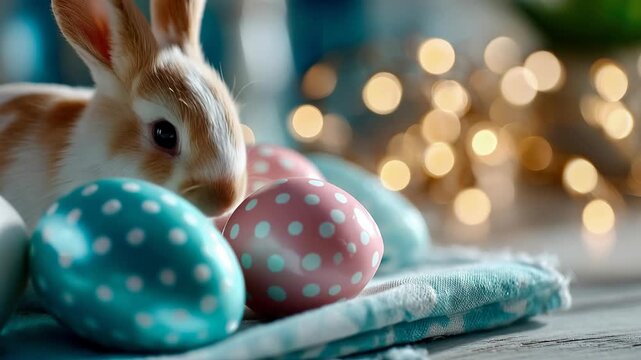 Rabbit interacts with colorful eggs on a table with lights in the background during springtime celebration
