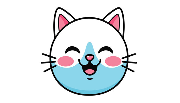  illustration of smiling cat face with closed eyes, pink cheeks, and whiskers in playful vector style for children&rsquo;s design