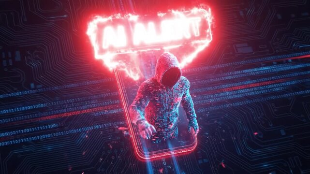 Hacker figure emerging from smartphone screen with neon warning and AI alert above hooded humanoid, digital binary streams and glowing circuit motherboard background conveying cyberattack