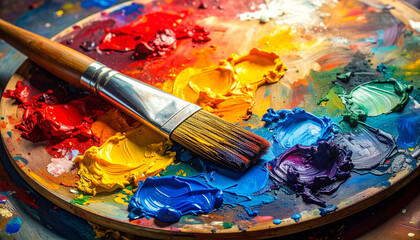 Obraz premium Close-up of an artist's palette with colorful oil paints and a paintbrush