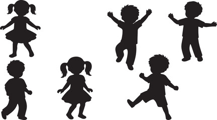 Obraz premium Black vector silhouette set of diverse children jumping dancing and playing for concepts of childhood education family health and youth branding,