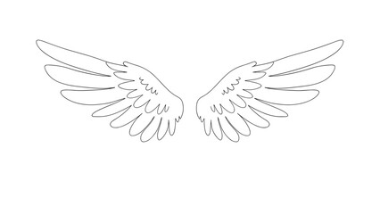 Obraz premium Symmetrical pair of outlined angel or bird wings spread wide represents freedom, peace, and spirituality in a simple line art style.