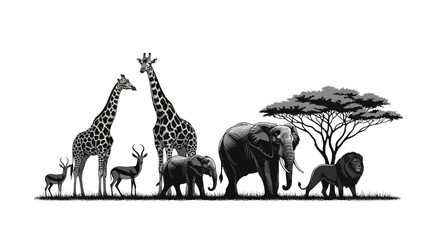 African savanna wildlife illustration with giraffe, elephant and trees © MstRahela